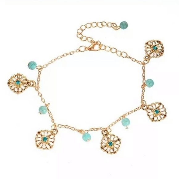 Boho Bohemian Gold Toned Turquoise Beaded Anklet - Picture 3 of 13